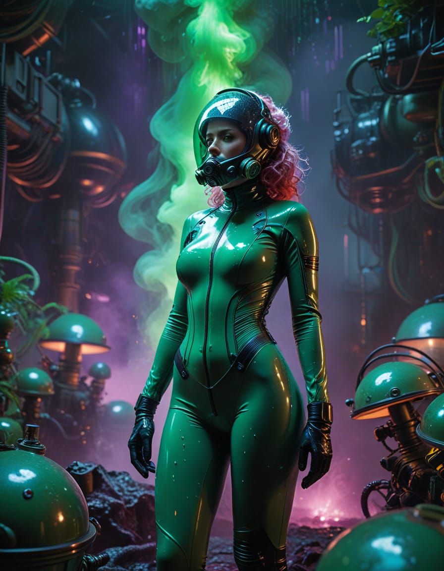 Glowing Pink Hazmat Warrior in Swirling Green Smoke