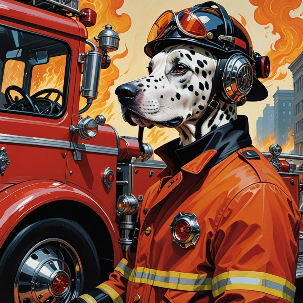 Dalmatian firefighter driving a firetruck   by @HereditaryWarlord