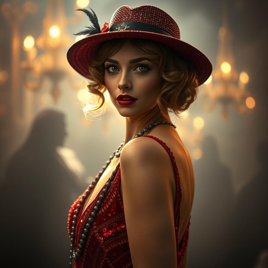 1920's woman wearing a hat and red sequined flapper dress