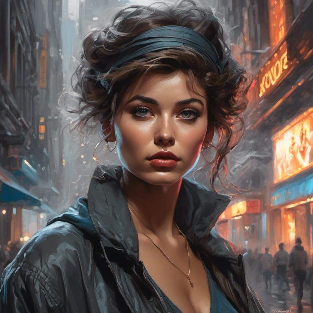 <lora:Graphic Meld:0.78> Comic art matte oil charcoal drawing of beutiful female in the Smokey city. head and shoulders portrait, 8k resolut...