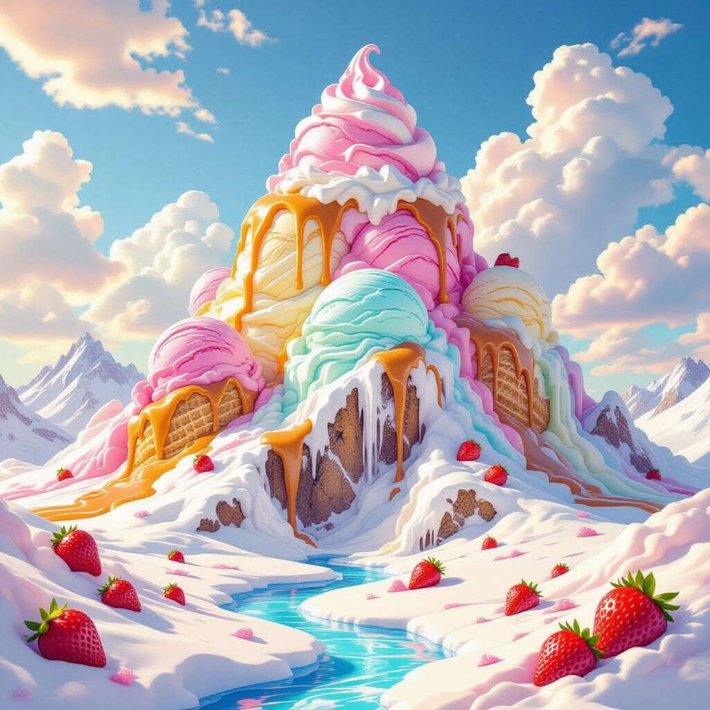 Surreal Ice Cream Mountains with Caramel Rivers