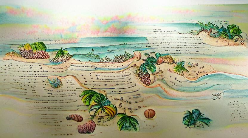 Detailed colored ink on paper, illustration of a tropical ocean beach