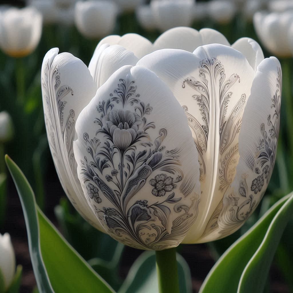 a white tulip with a porcelain china pattern on its petals