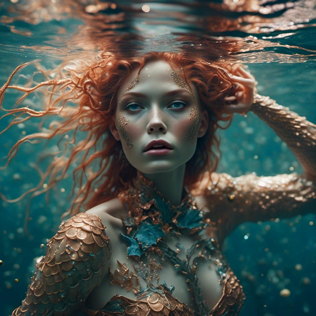 Closeup photograph of a mermaid under water, intricate and detailed, <lora:lush:1.0>