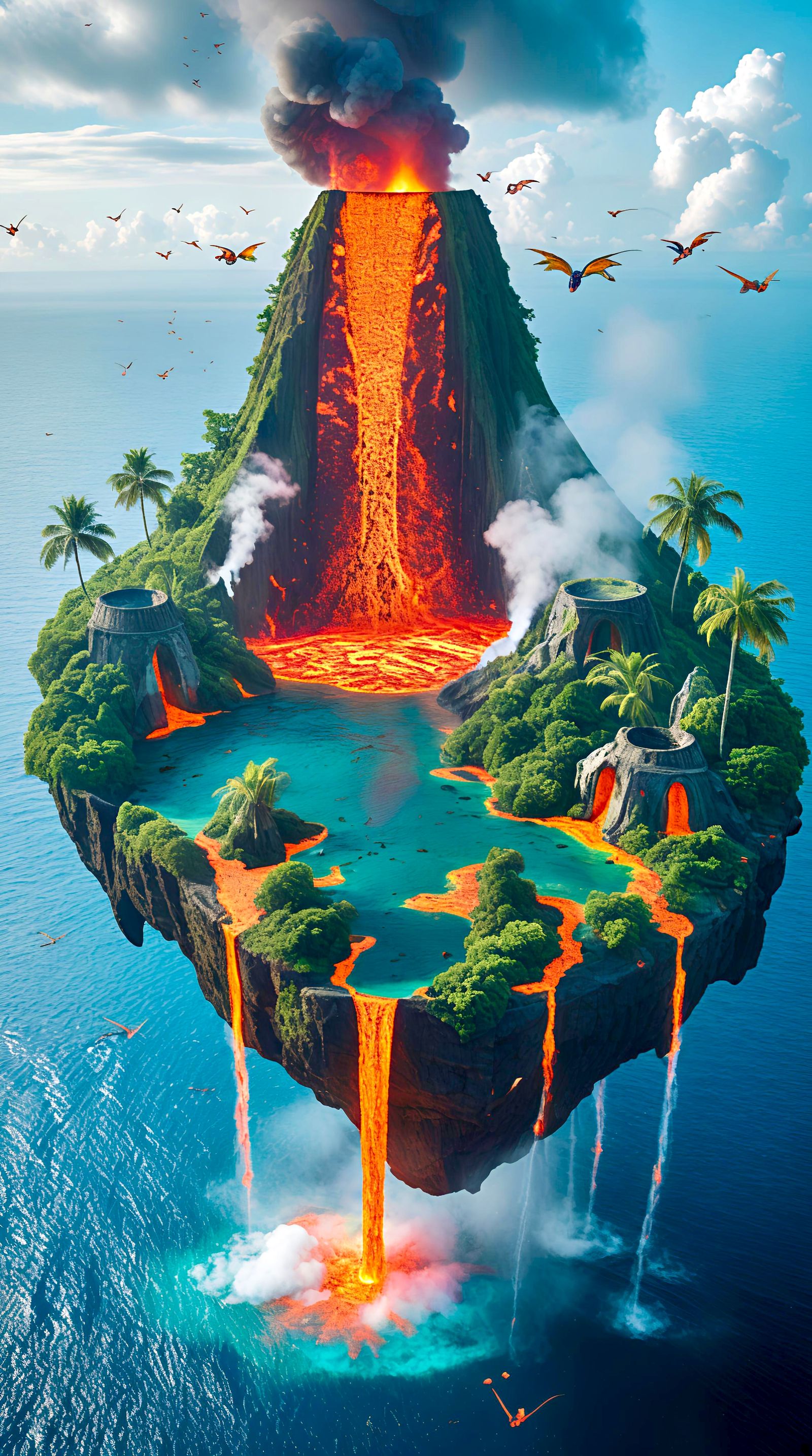 Фантастический парящий тропический остров, зависший в небе н...