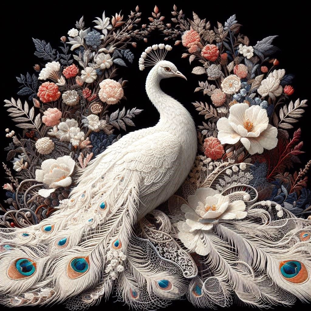 Lacy Emboidery of a White Peacock