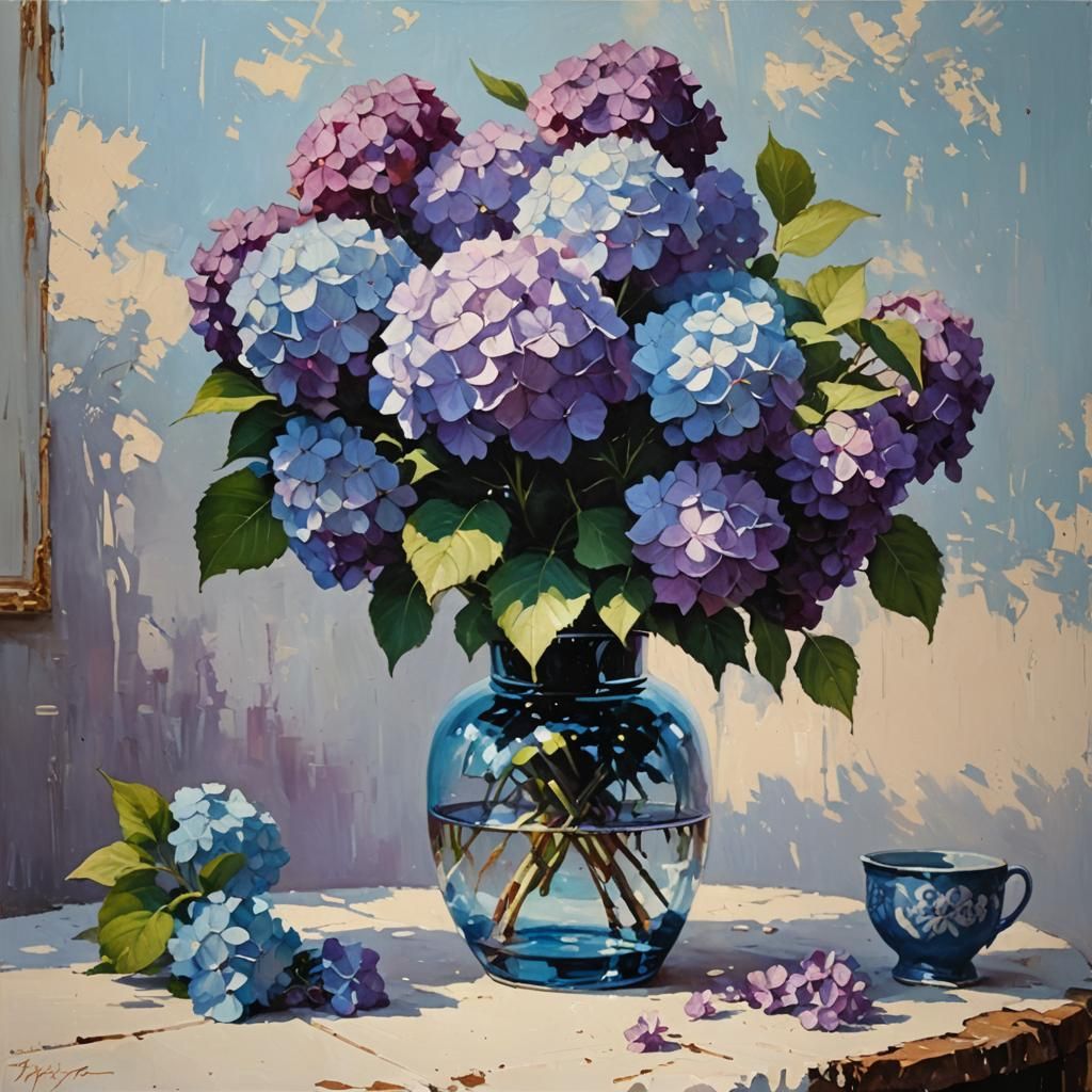 Acrylic painting of blooming violet Hydrangea