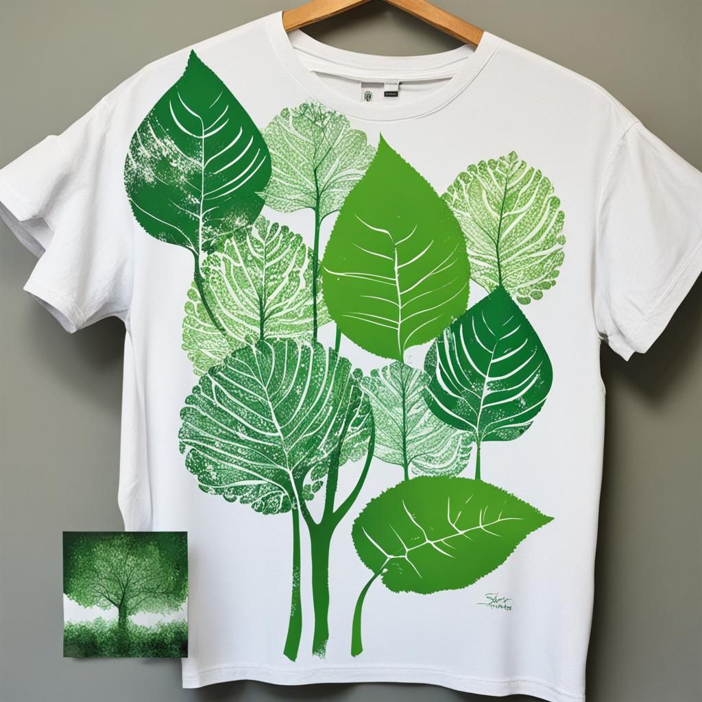 Screen print of tree 3 large leaves shadea greens artsy, scr...