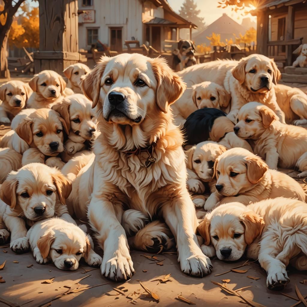 Giant Guard Dog Protecting Puppies: Digital Art