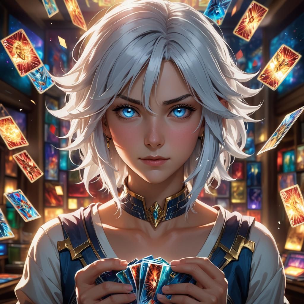 White-haired woman holding a selection of Yu-Gi-Oh cards, bl...