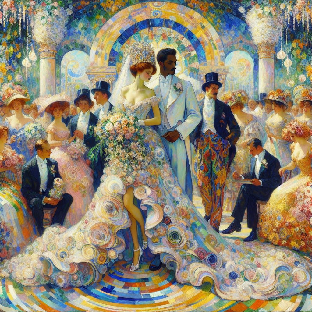 In the style of Gustav Klimt, Wassily Kandinsky, and Paul Klee, wedding queen and king, flowers, summer, people   by @Marilu Valdez