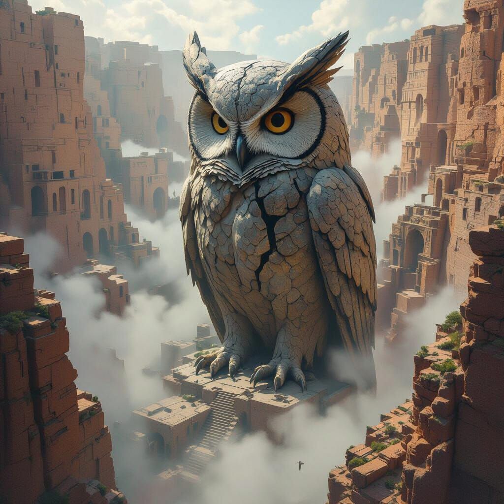 An ancient, colossal owl statue, weathered and cracked, stands guard over a sprawling, abandoned city built into the side of a massive canyo...