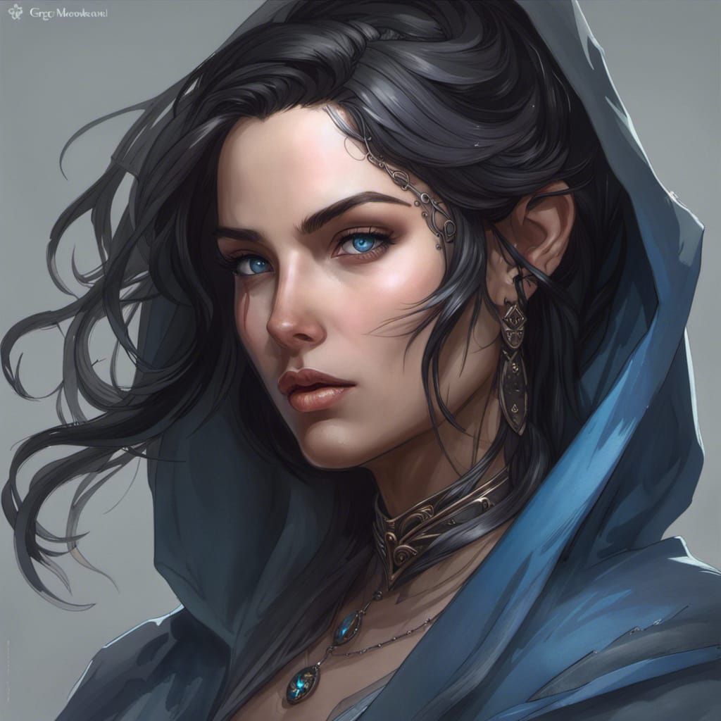 fantasy woman Shadow Grey Cloak Black hair Blue eyes - AI Generated ...