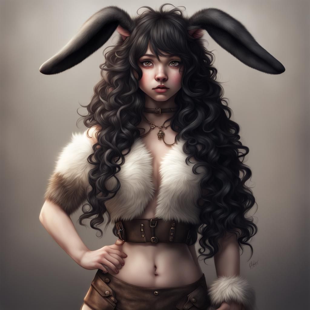 Hyperrealistic Furry Girl with Cow Horns and Bunny Ears