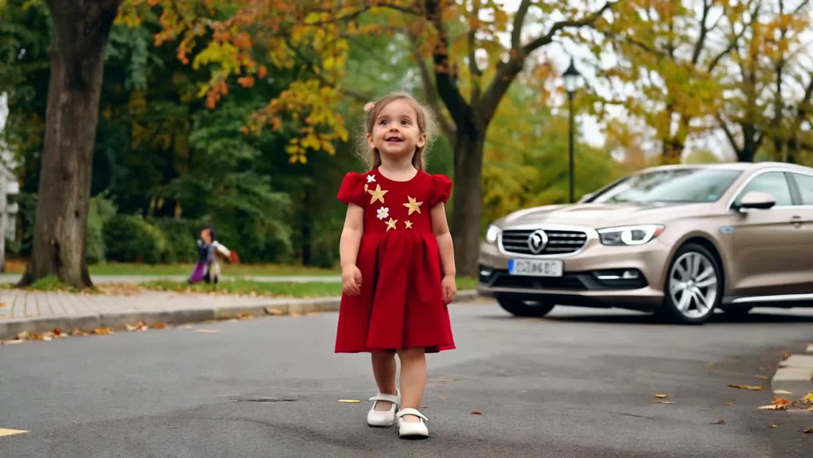 A cute little girl with long, black eyelashes, blue-gray eyes, full of emotion and joy, a red mouth, a small, pointed no...