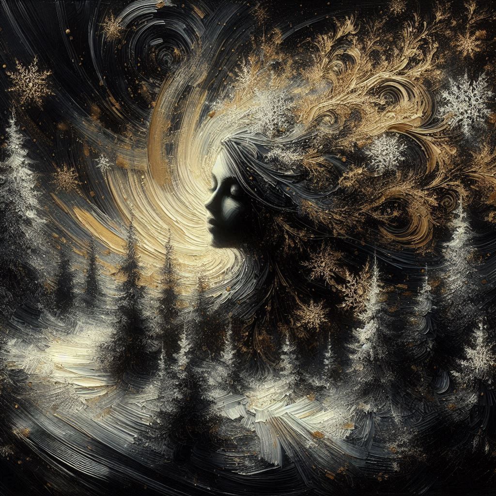 a woman in the middle of a winter forest