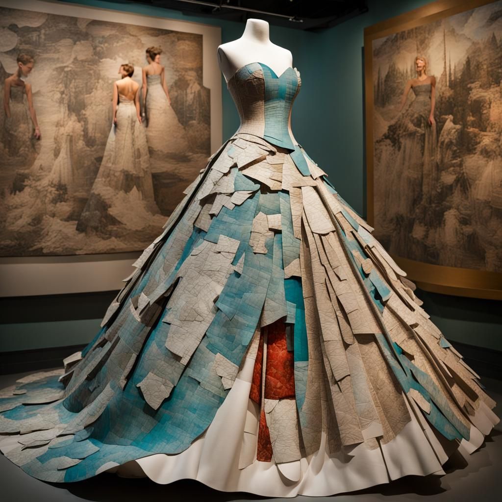 Paper Collage Ball Gown on a Armless Mannequin, North Pole Color ...