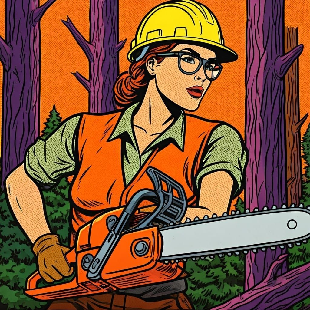 Woman cutting down trees with a chainsaw.   Pop art style 
  by @Joel S