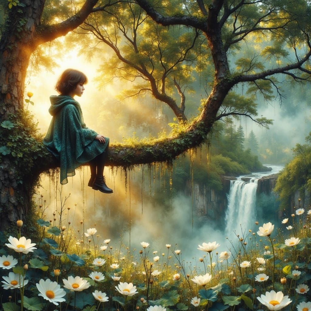 Sitting high up on a tree branch in front of the waterfall  by @Heidi25