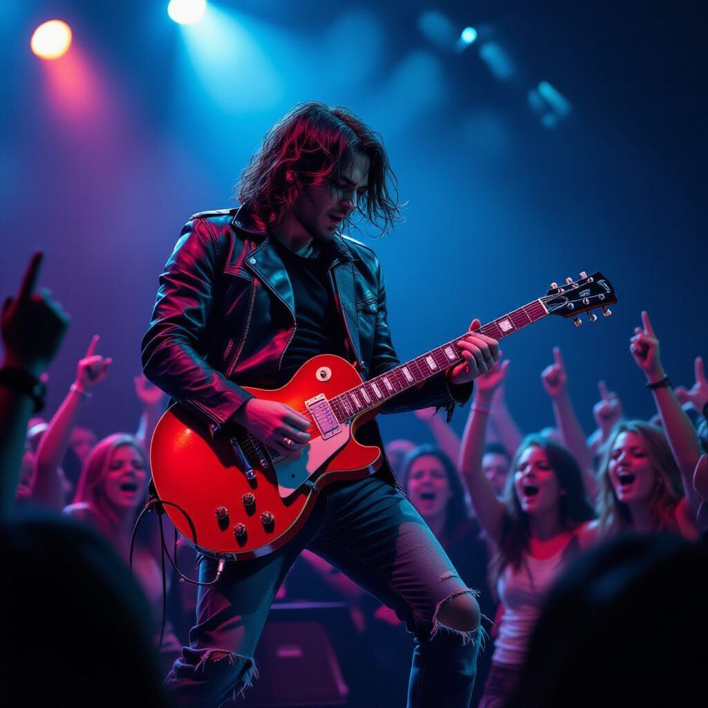 A band playing their electric guitar on stage as the crowd goes wild