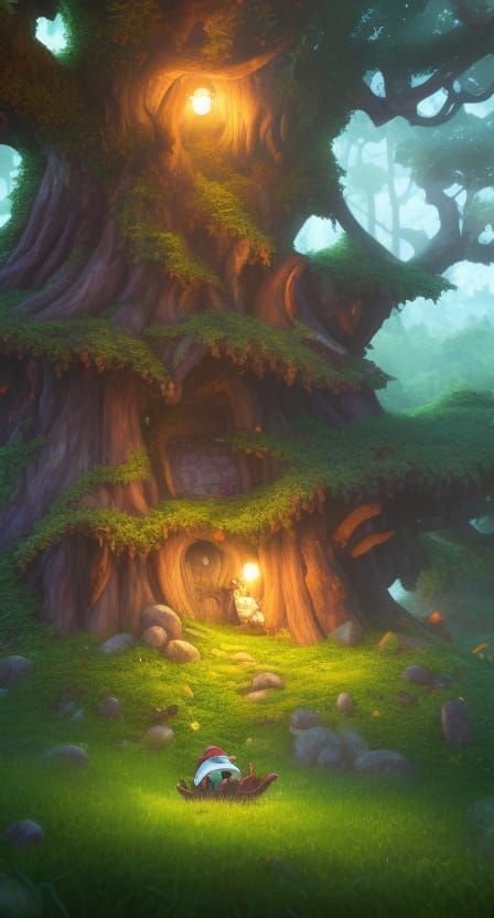 Gnome home under the tree - AI Generated Artwork - NightCafe Creator