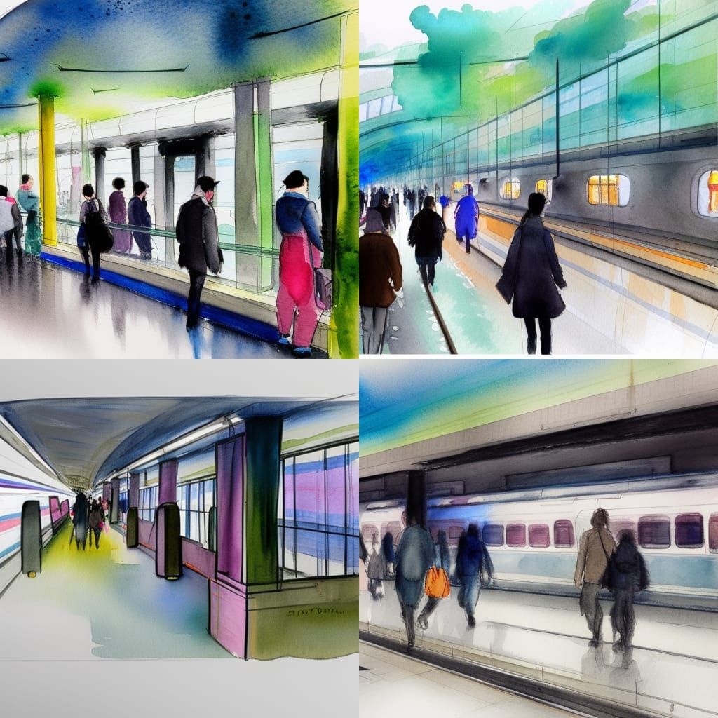metro station during rush hour
 ||| aquarelle, watercolour, ...