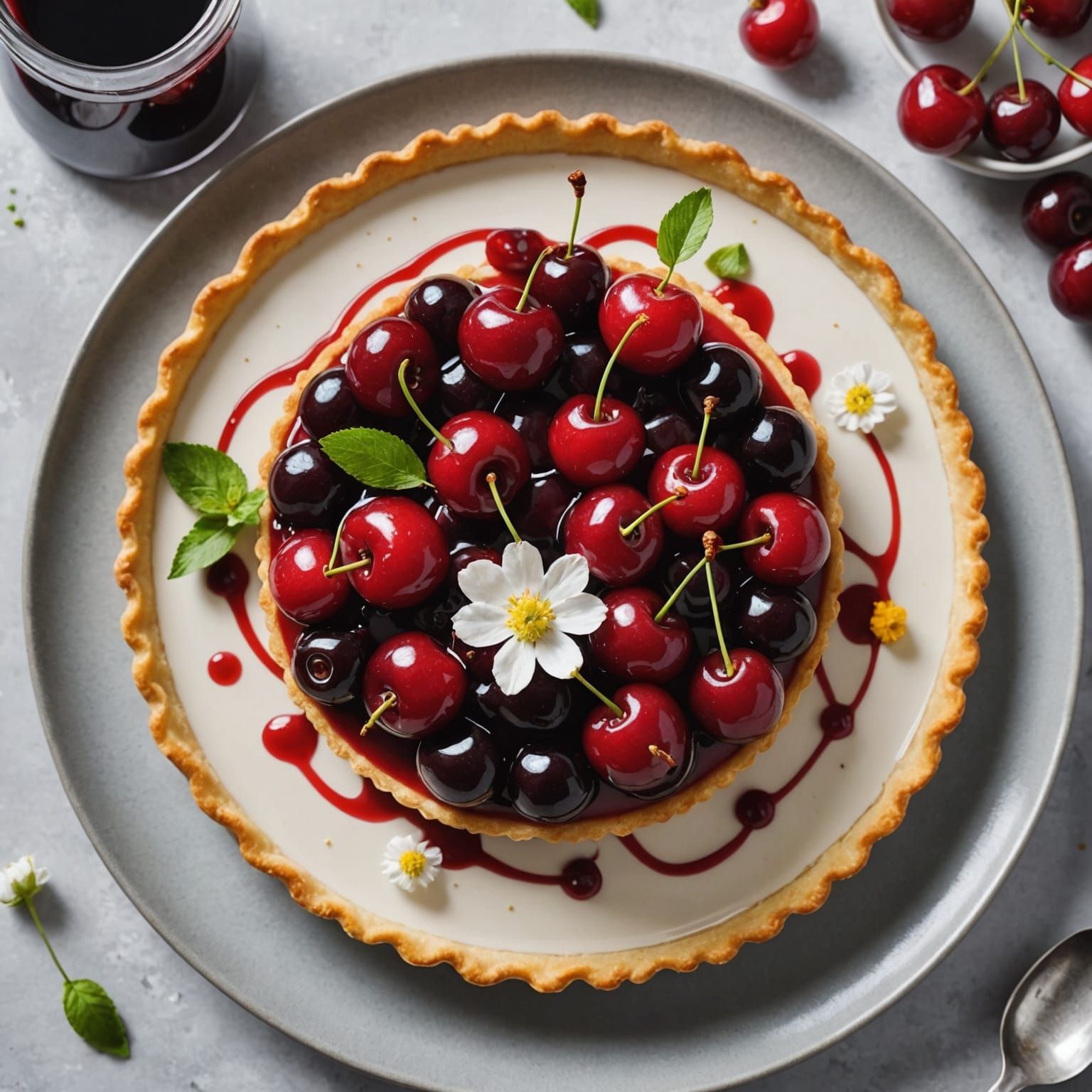 An elegant gourmet dish featuring cherries as the star ingredient. Think of a beautifully plated cherry ...  by @Mike