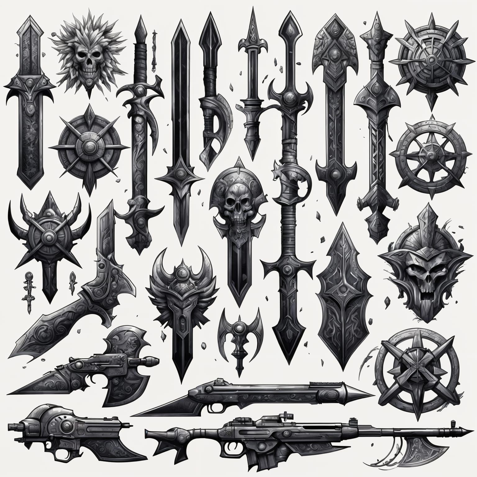 Tattoo flash sheet of different battle weapons   by @Queen274