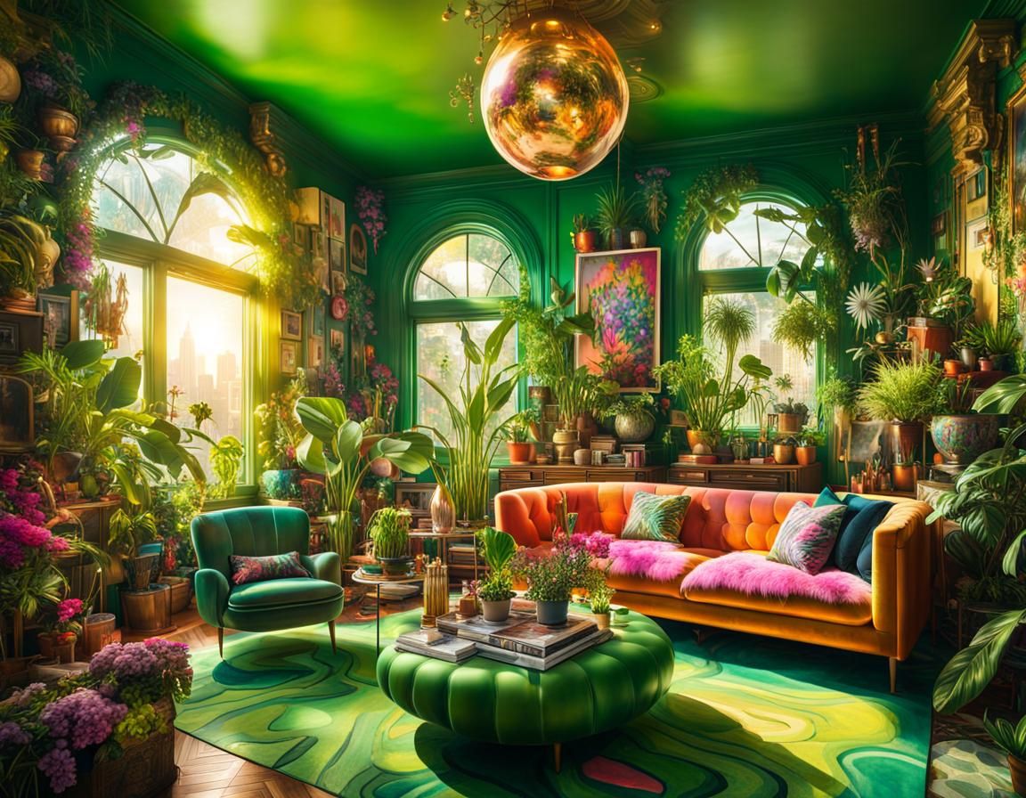 Architectural Digest photo of a maximalist green solarpunk living room ...