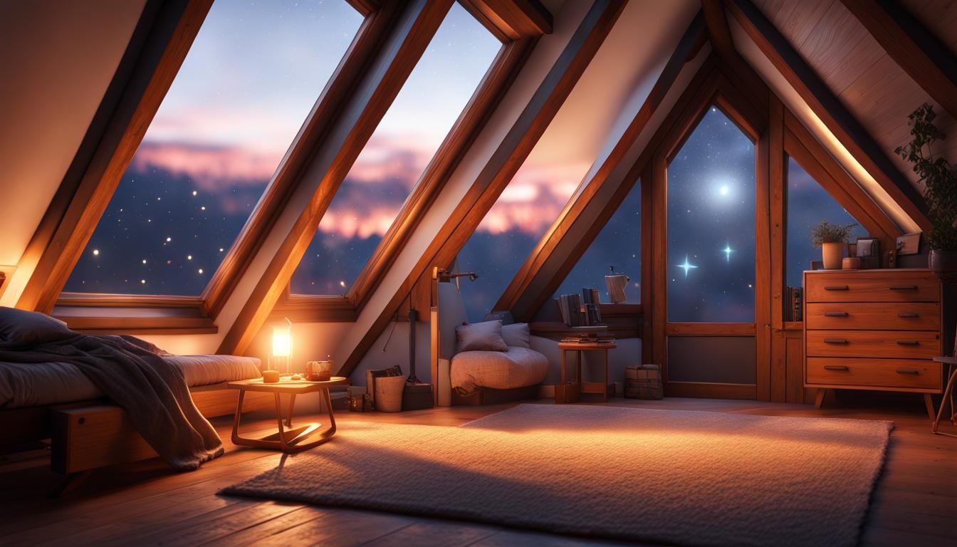 Cozy attic, skylight, starry night view, sunset, 8K, ultra detail - AI ...