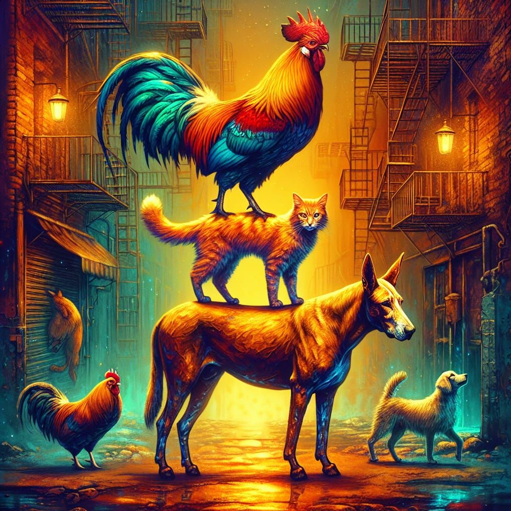 A rooster on a cat on a dog