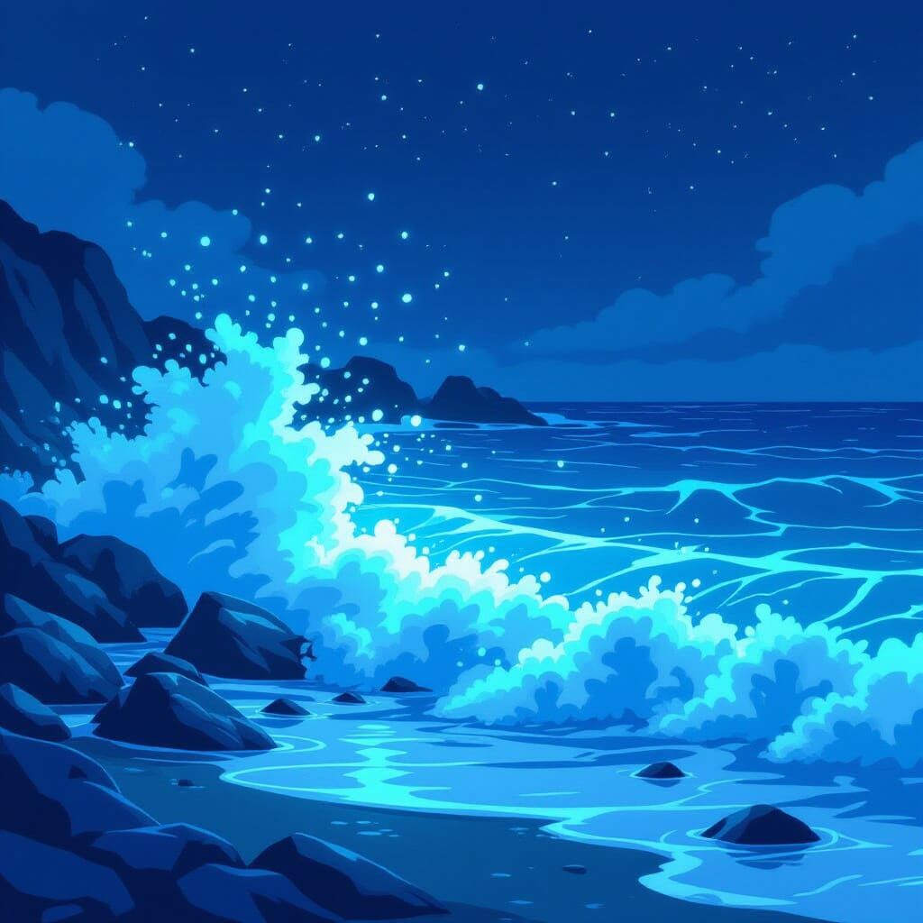 Bioluminescent Waves Light Rocky Shoreline in Manga Style