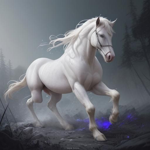 A beautiful white horse with blue eyes white fur a white mane that s