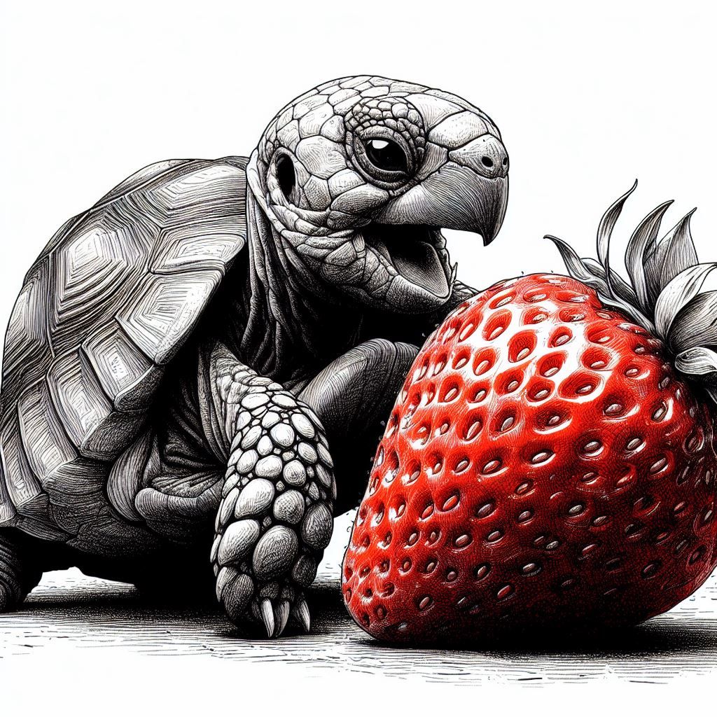 Tortoise eating a red strawberry