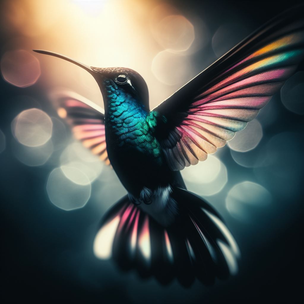 hummingbird with iridescent wings illuminated by the sun's rays