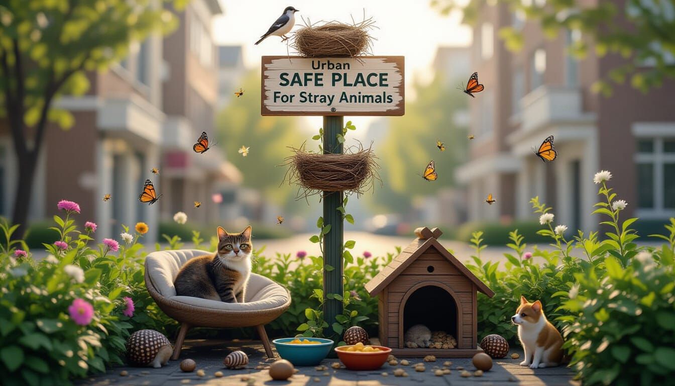 Креирај соларна светилка - photovoltaic, бандера со куќарка за куче најдоле, на средина лежалка за маче и гнездо за птици погоре. Заедно со ...