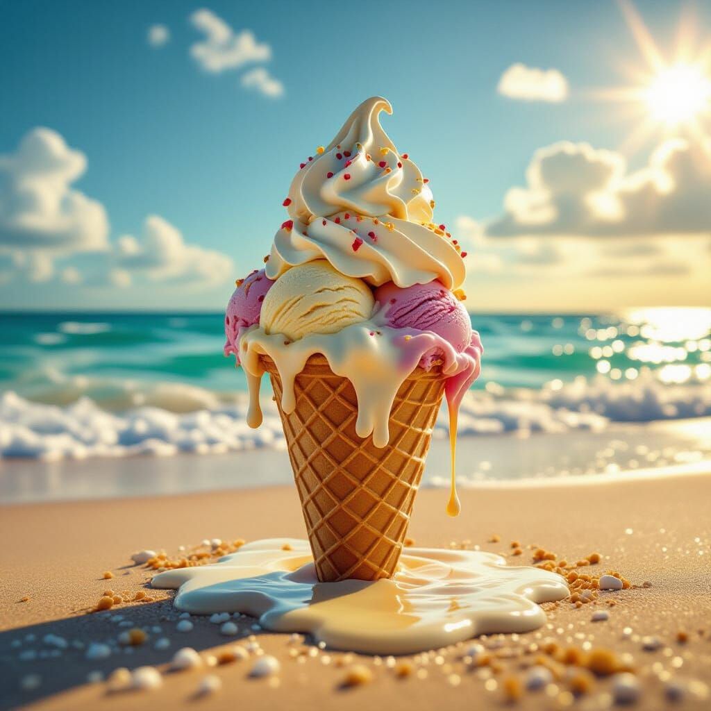 Melting Ice Cream Cone on a Colorful Beach at Golden Hour