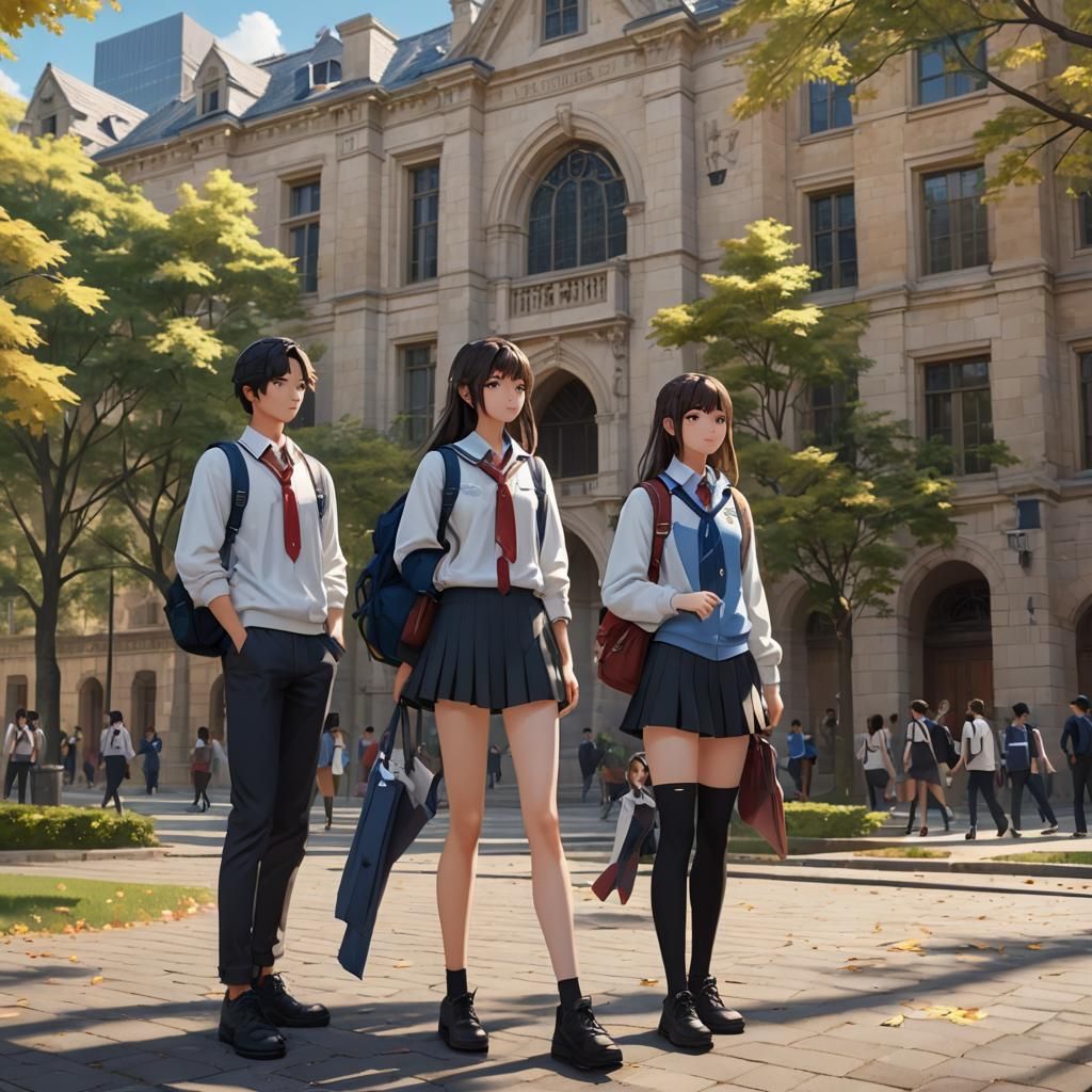 3 college students on campus. They are all dressed different...