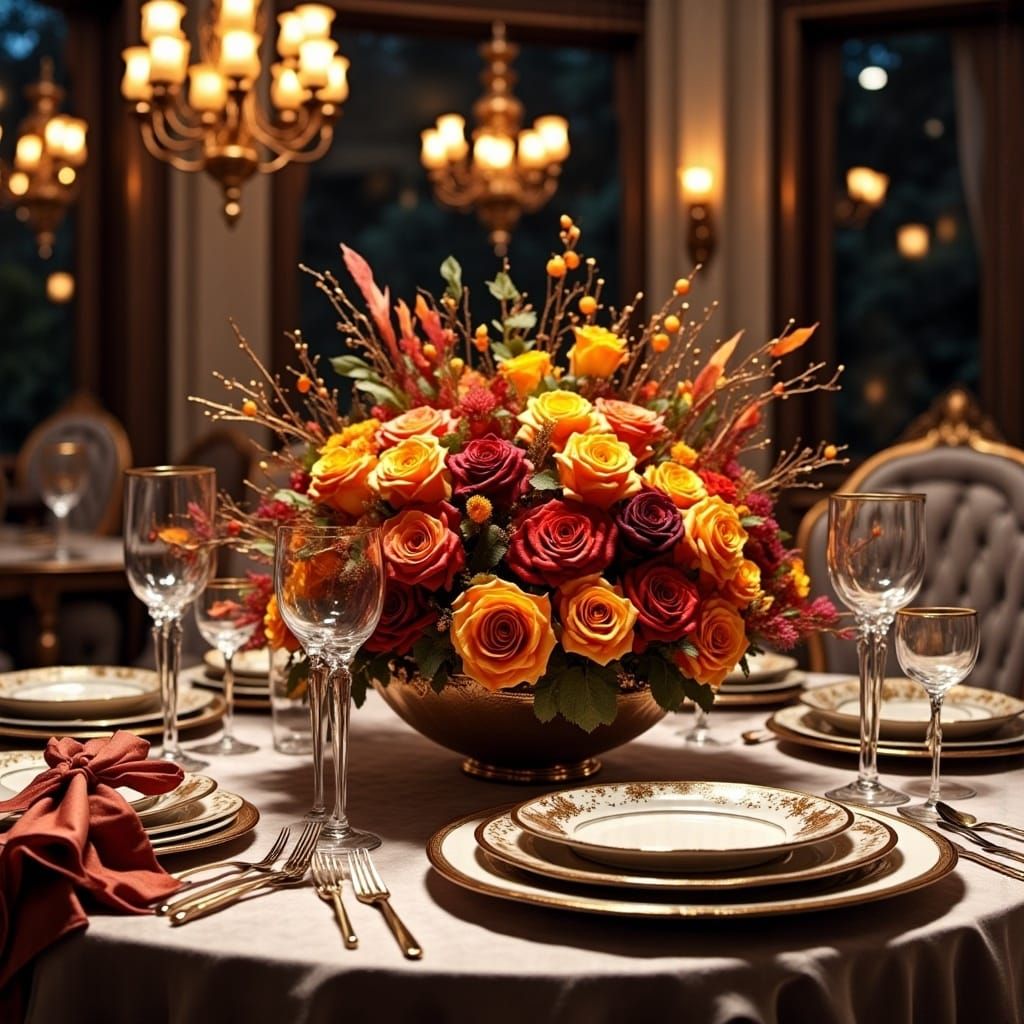  <lora:Caught in a Mosh v2:1.0> A flower arrangement in the center of a Thanksgiving Dinner