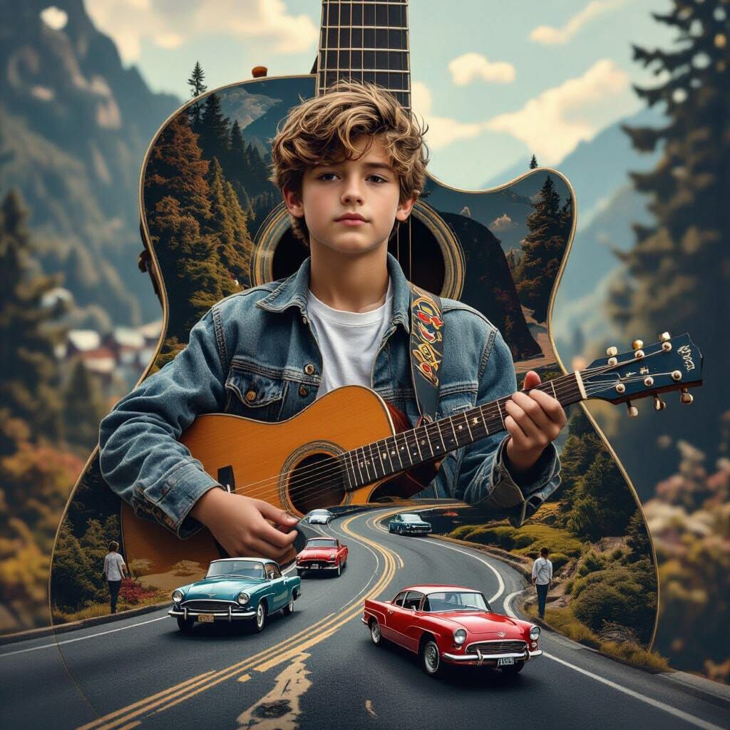 Miniature World Inside a Guitar: Surreal Double Exposure