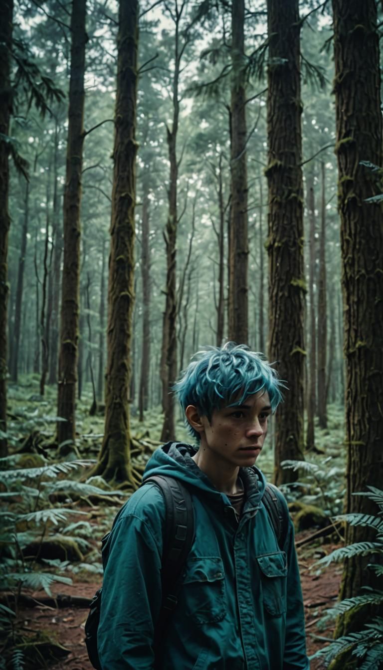 A lost boy with blue hair in a forest.