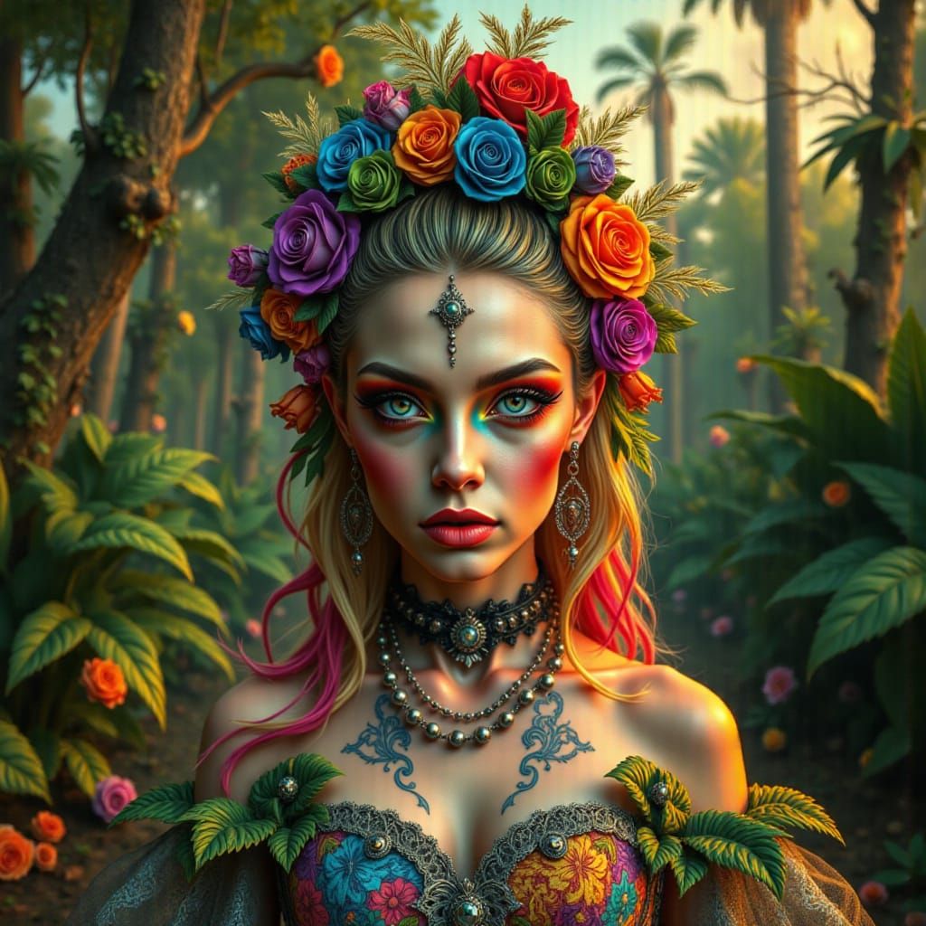 <lora:Goth-punk:1.0> A vibrant tropicalpunk fashion scene featuring a stunning model in a couture ballgown, adorned with intricate floral an...