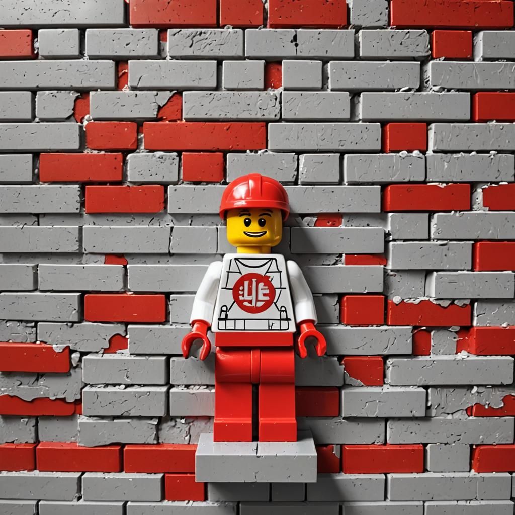 Lego figure, brick wall, red design, white, gray, red, Posit...