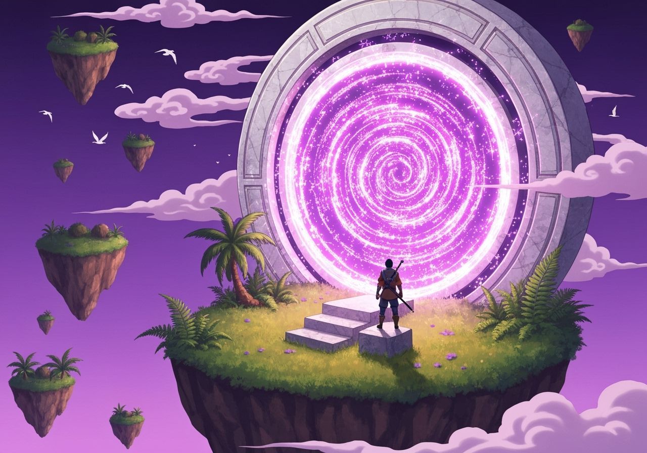 In An empty space, an adventurer stands before a giant magical stone and marble portal full of glowing sparking purple swirling light, atop ...