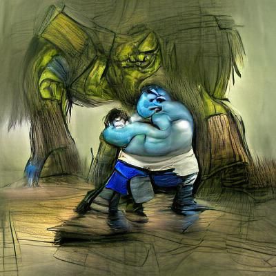 Blue skinny teenage ogre learning to fight from his larger a...
