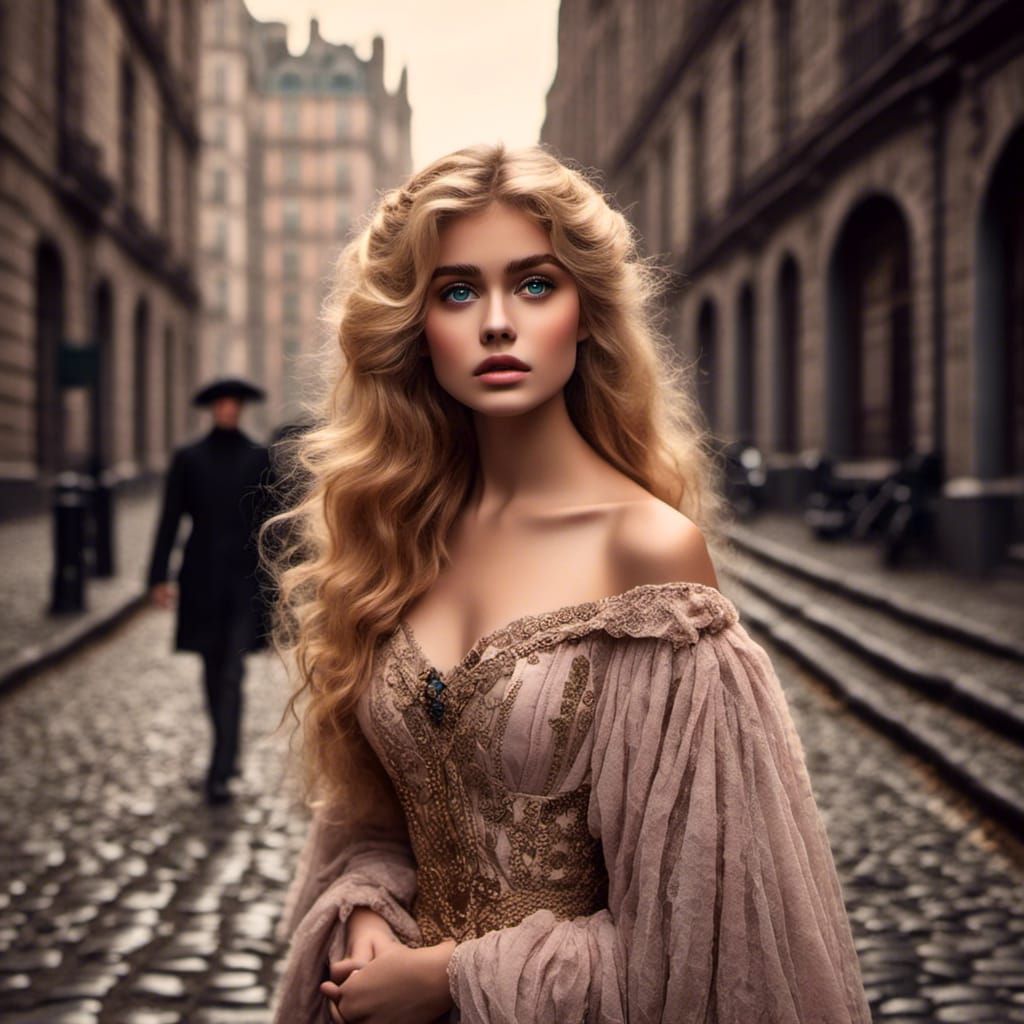  <lora:The Gibson Girl:1.0>blonde with ethereal eyes, in the city, cobblestone roads, colorized, ambient lighting 