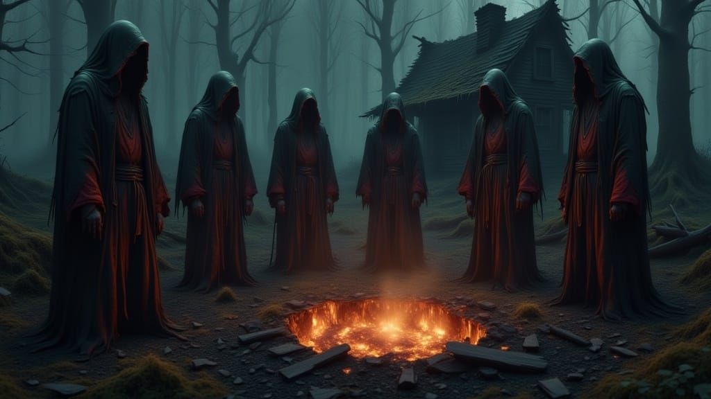 dark robed figures surrounding a hell hole in the ground outside an old creepy cabin <lora:Mystic Woods:1.0> 