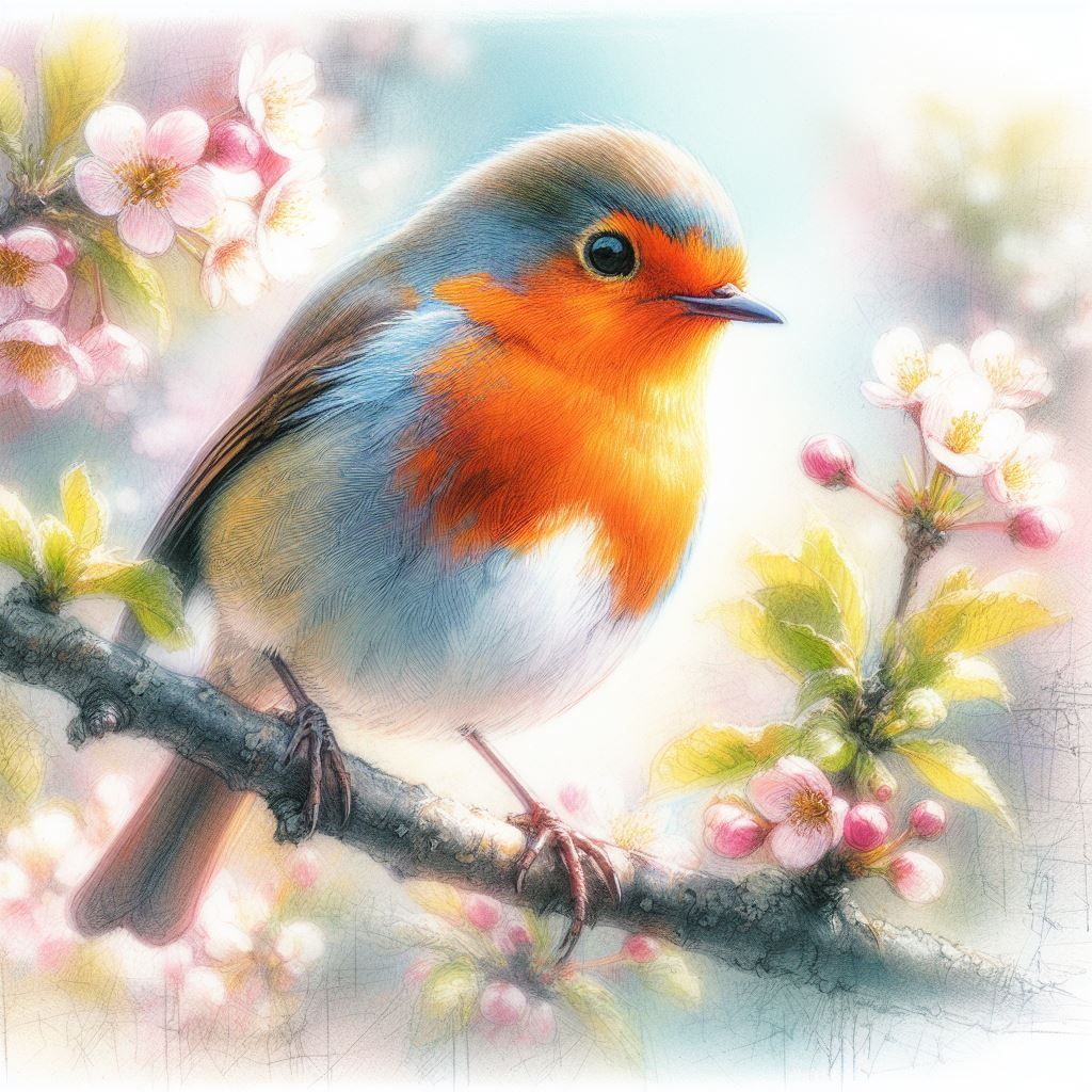 Stunning Pastel Color Sketch Robin on a branch