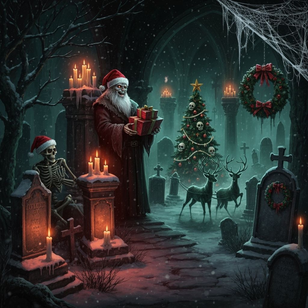 Imagine a world where Christmas and Halloween collide -
Crypt Claus: A skeletal Santa who delivers ghostly gifts to the dead.
snow falls sof...
