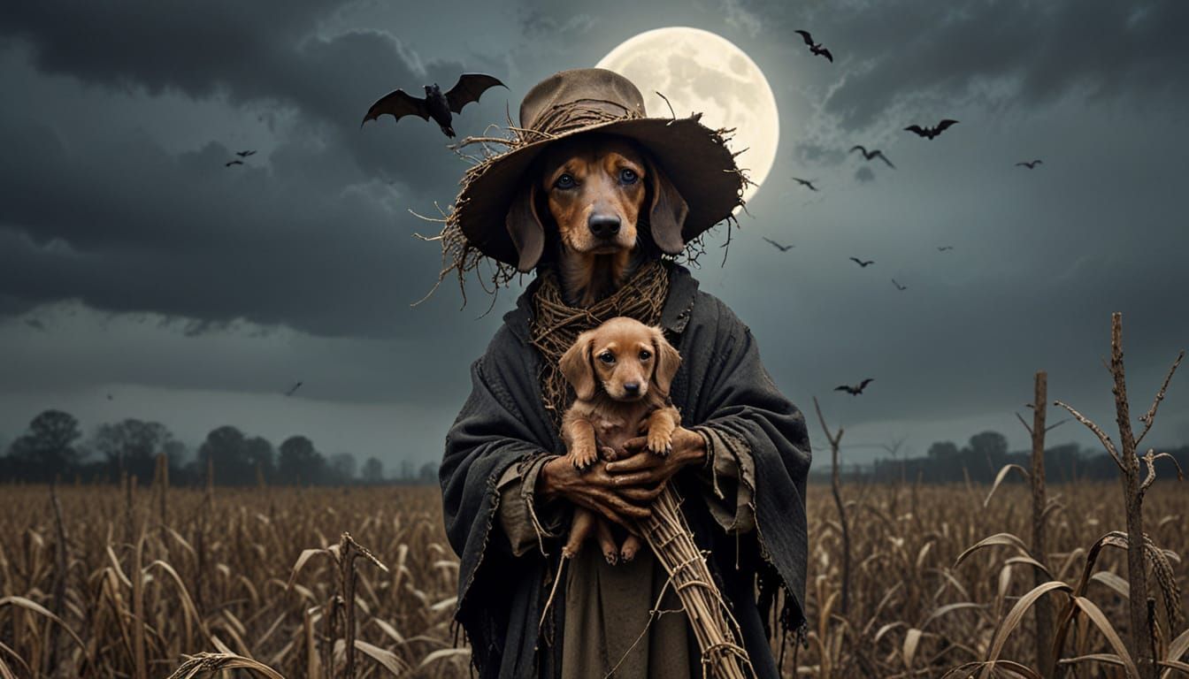 A sinister, skull-like scarecrow holds an abandoned Dachshund puppy in the middle of a gloomy Halloween ...  by @The Quantum AI Journey